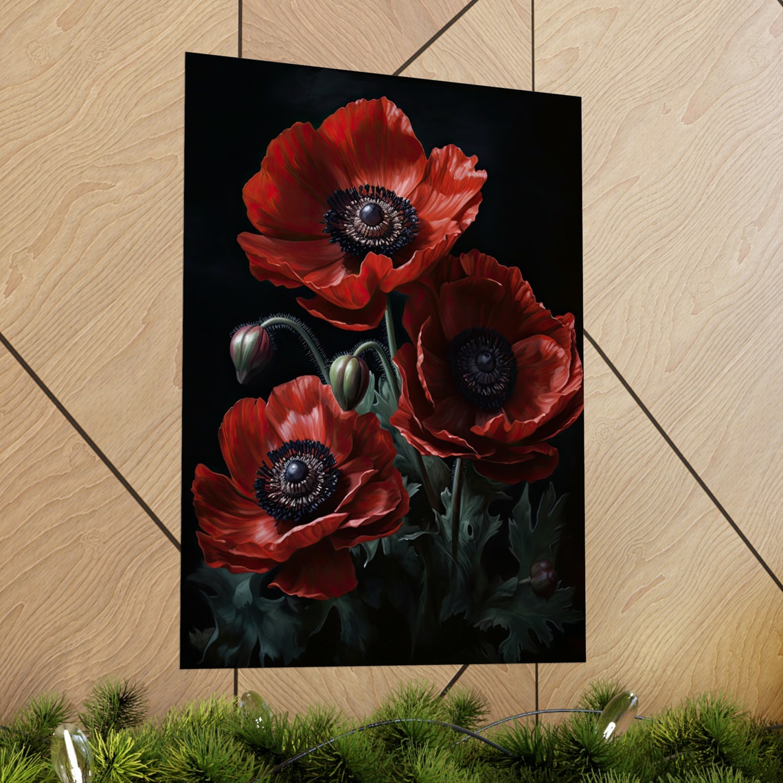 Red Anemone Blooms Black Background Moody Floral Still Life Art Poster - Image 2