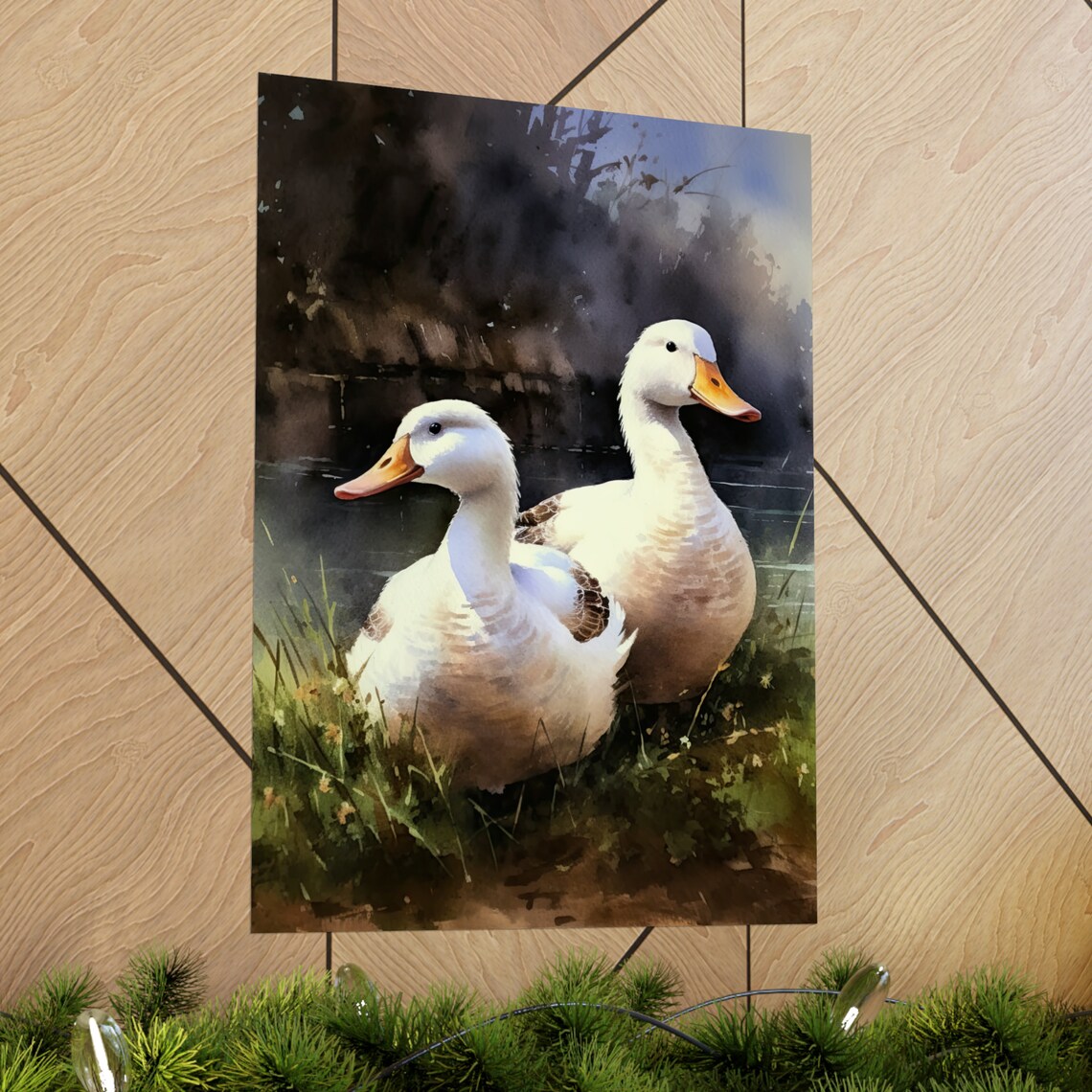 Pair of White Ducks Pond Watercolor Rustic Farmhouse Wall Art Print - Image 2