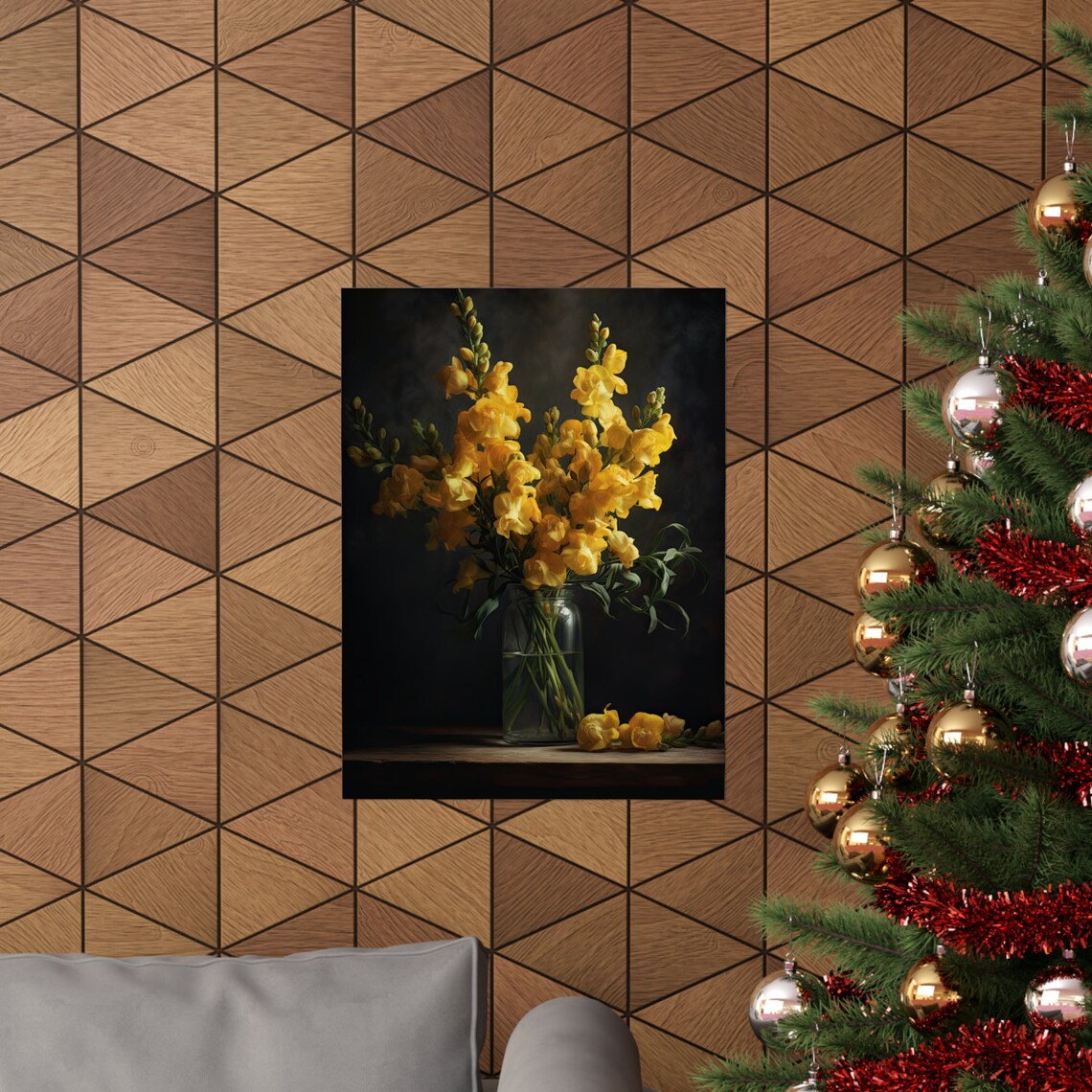 Golden Yellow Snapdragon Flowers Glass Vase Dark Still Life Art Print - Image 3