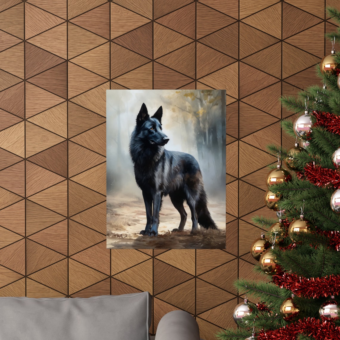 Belgian Sheepdog Black Dog Standing Misty Forest Portrait Poster - Image 3