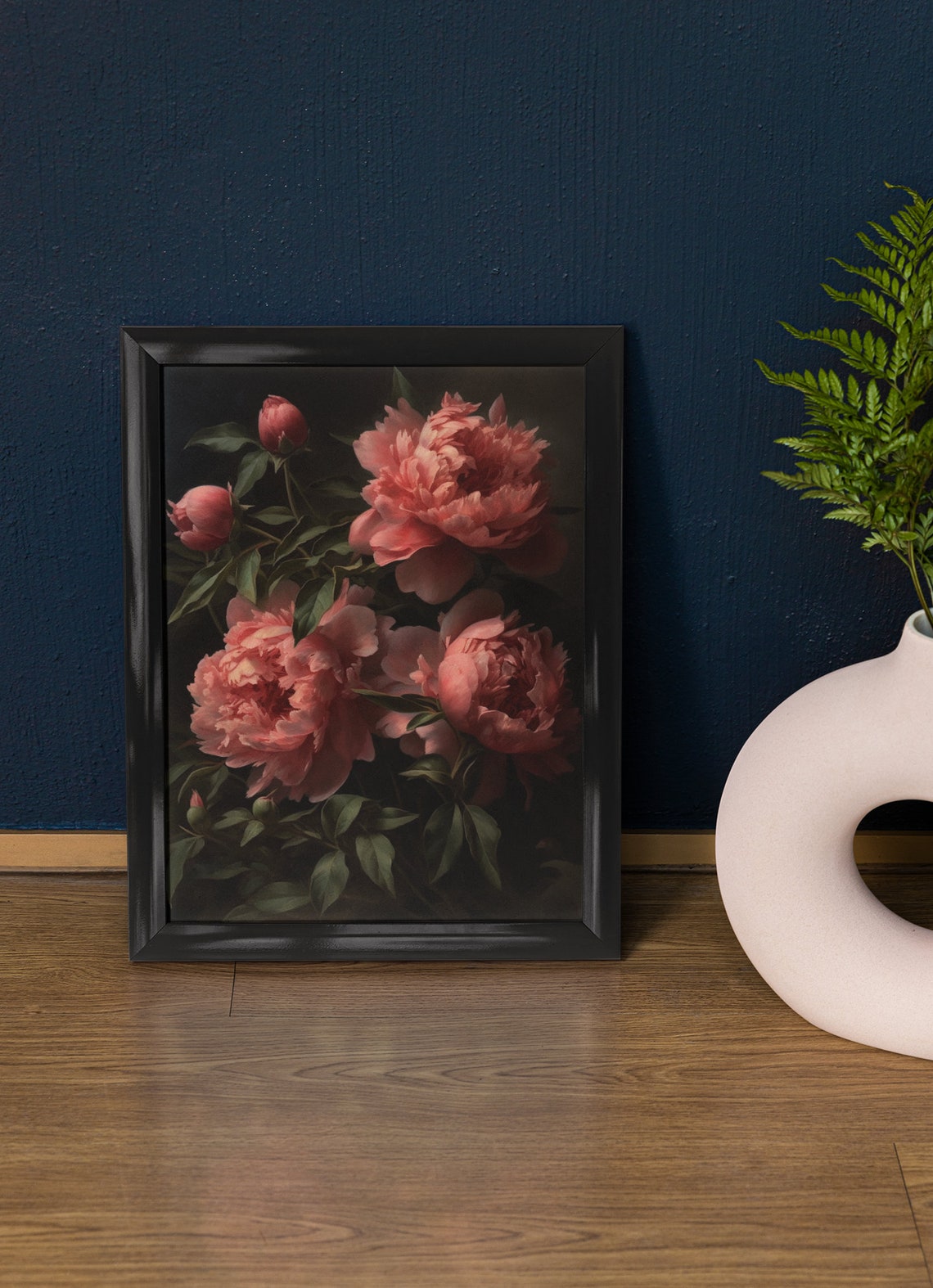 Pink Peony Blooms Soft Blush Blossoms Dark Botanical Still Life Poster