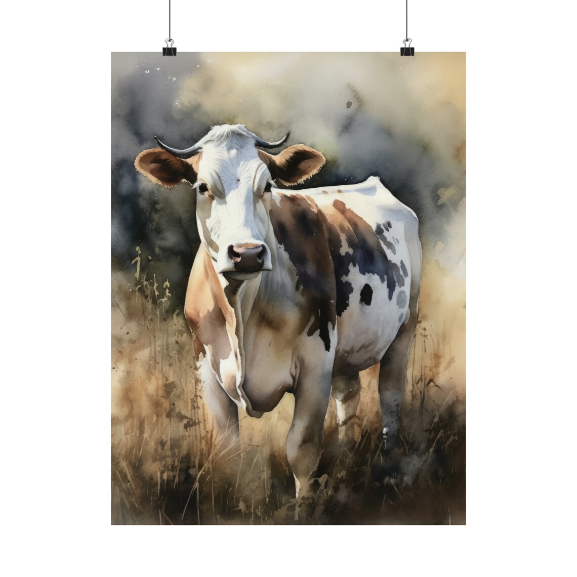 Brown White Cow Golden Field Portrait Watercolor Farm Art Print - Image 5