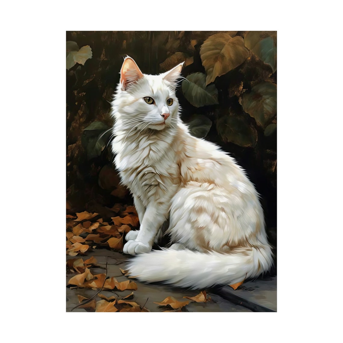 Turkish Angora White Longhaired Cat In Autumn Leaves Portrait Print - Image 4