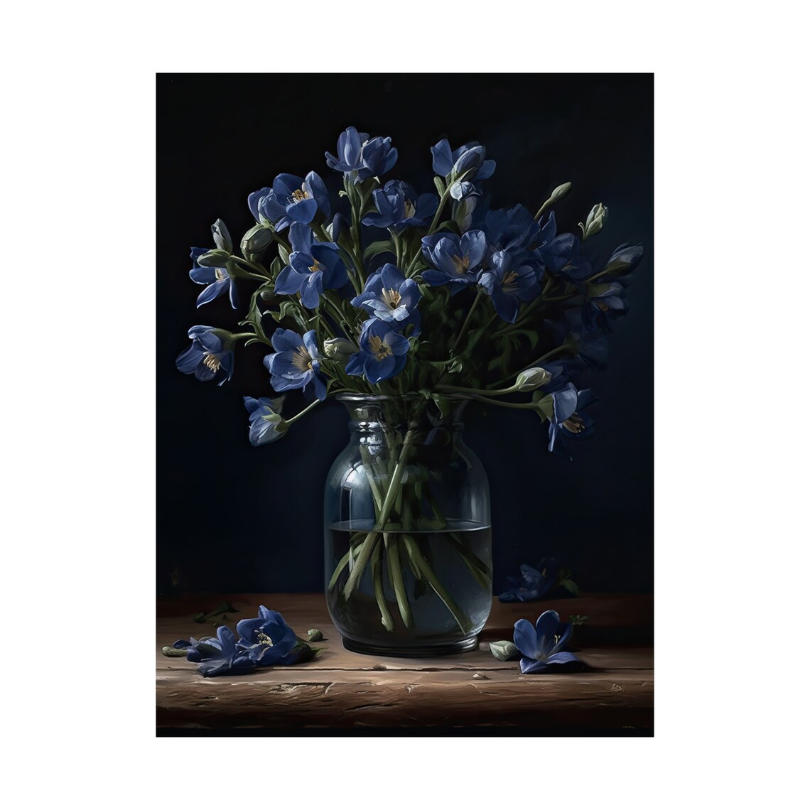 Midnight Blue Freesia Bouquet Glass Vase Dark Still Life Poster - Image 4