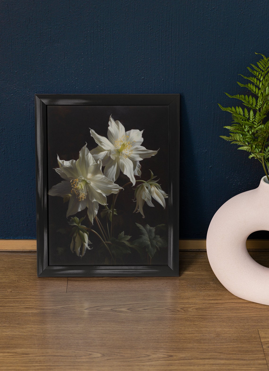 White Columbine Delicate Blooms Yellow Centers Dark Floral Poster