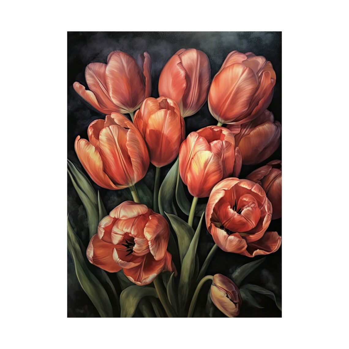 Salmon Orange Tulips Dark Moody Oil Painting Floral Wall Art - Image 4