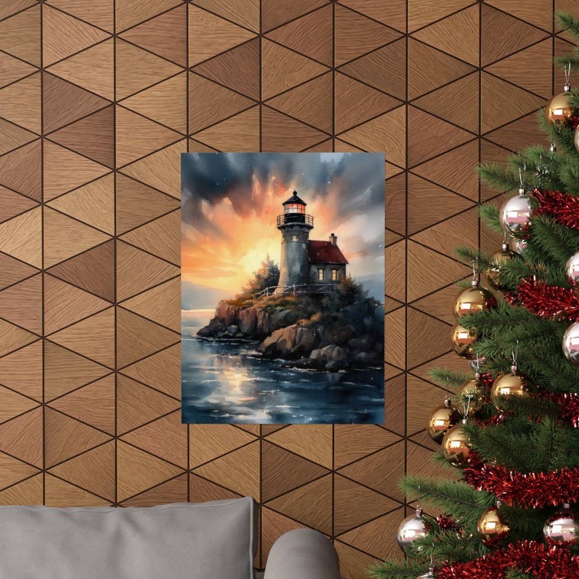 Stone Lighthouse Rocky Point Sunset Glowing Lantern Watercolor Art - Image 3