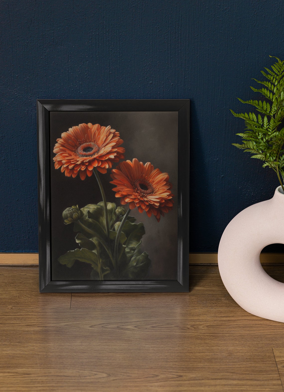 Orange Gerbera Daisies Dark Moody Floral Oil Painting Botanical Art