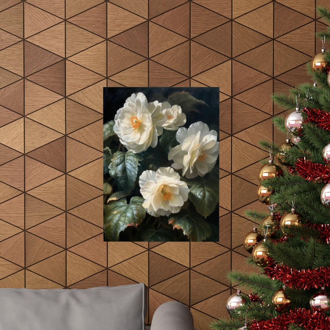 White Begonia Orange Center Blooms Dark Foliage Floral Art Poster - Image 3