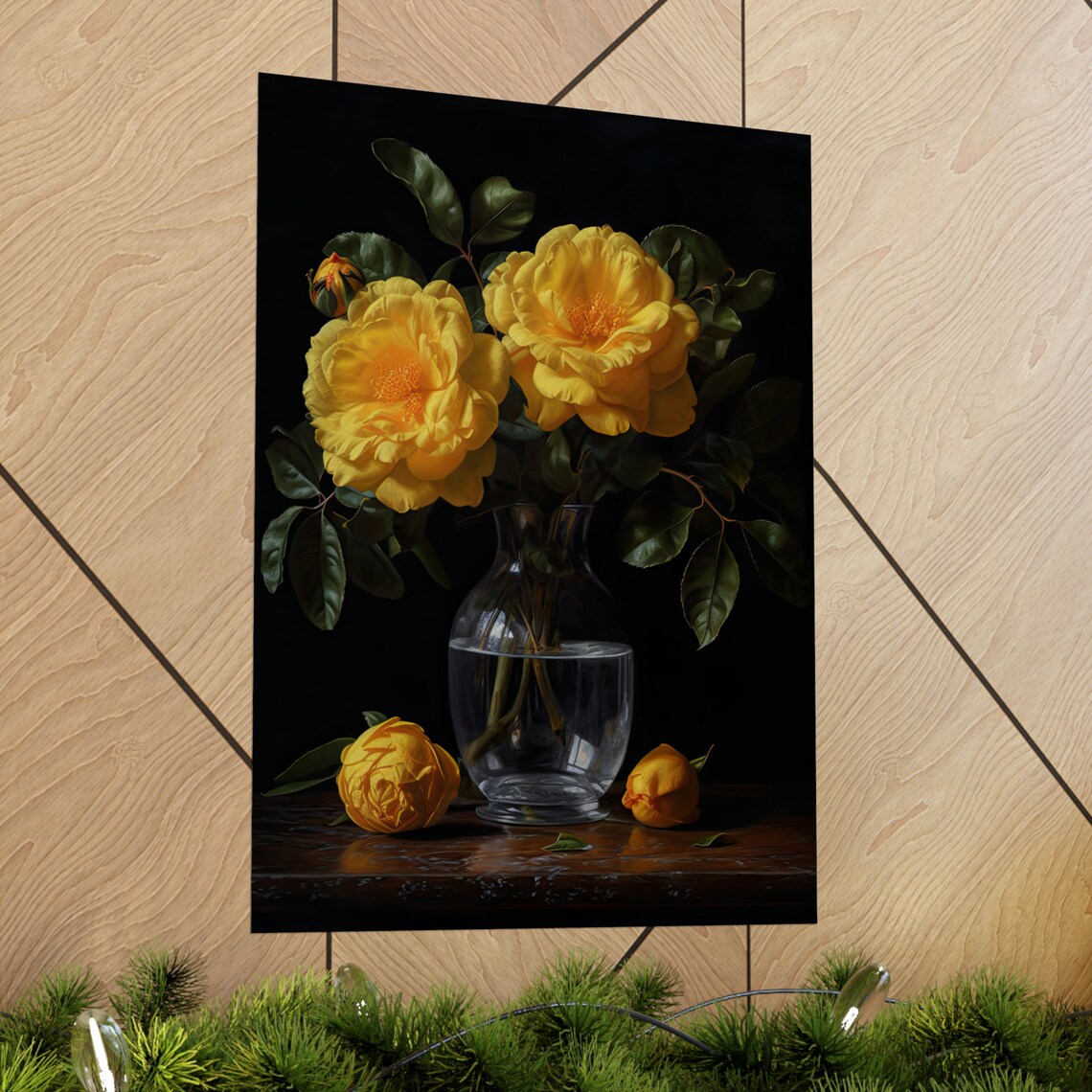 Yellow Camellia Flowers Glass Vase Dark Botanical Still Life Art Print - Image 2
