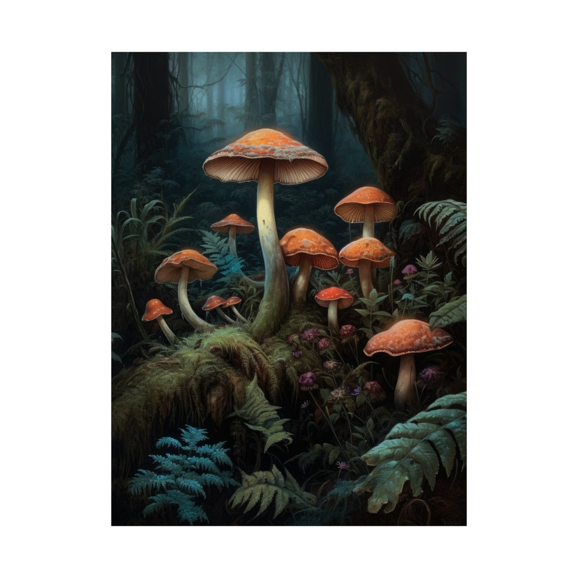 Gothic Red Cap Mushrooms Dark Teal Forest Floor Witchy Art Poster - Image 4