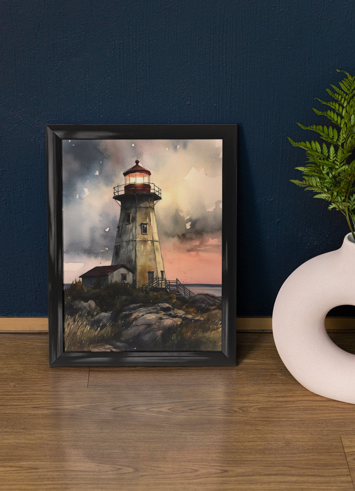 Weathered Lighthouse Red Lantern Room Dusk Rocky Coast Wall Art