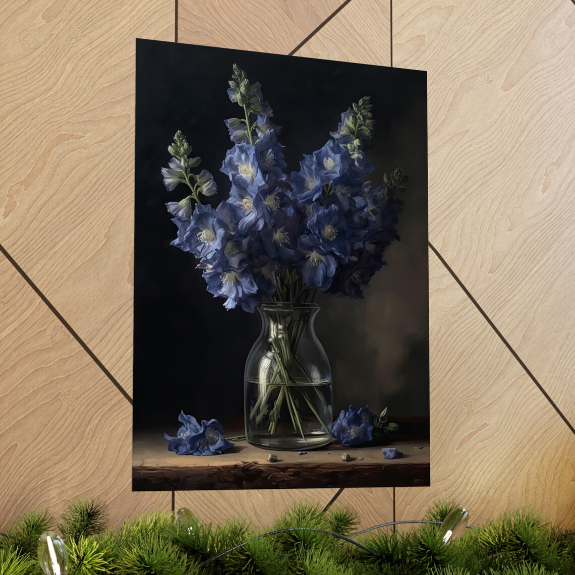 Blue Delphinium Tall Spikes Glass Vase Dark Still Life Poster - Image 2