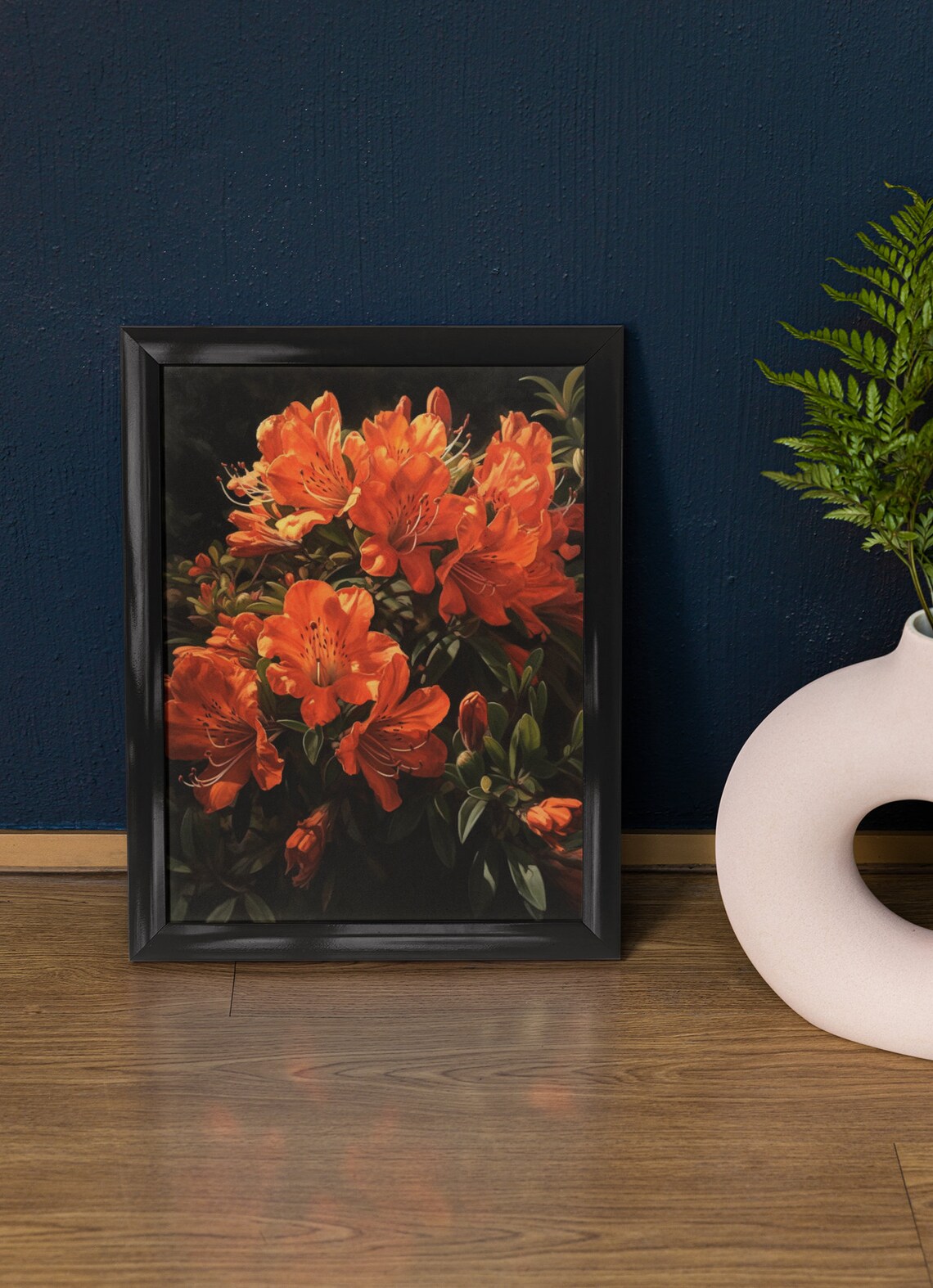 Burnt Orange Azalea Blossoms Dark Botanical Oil Painting Art Poster