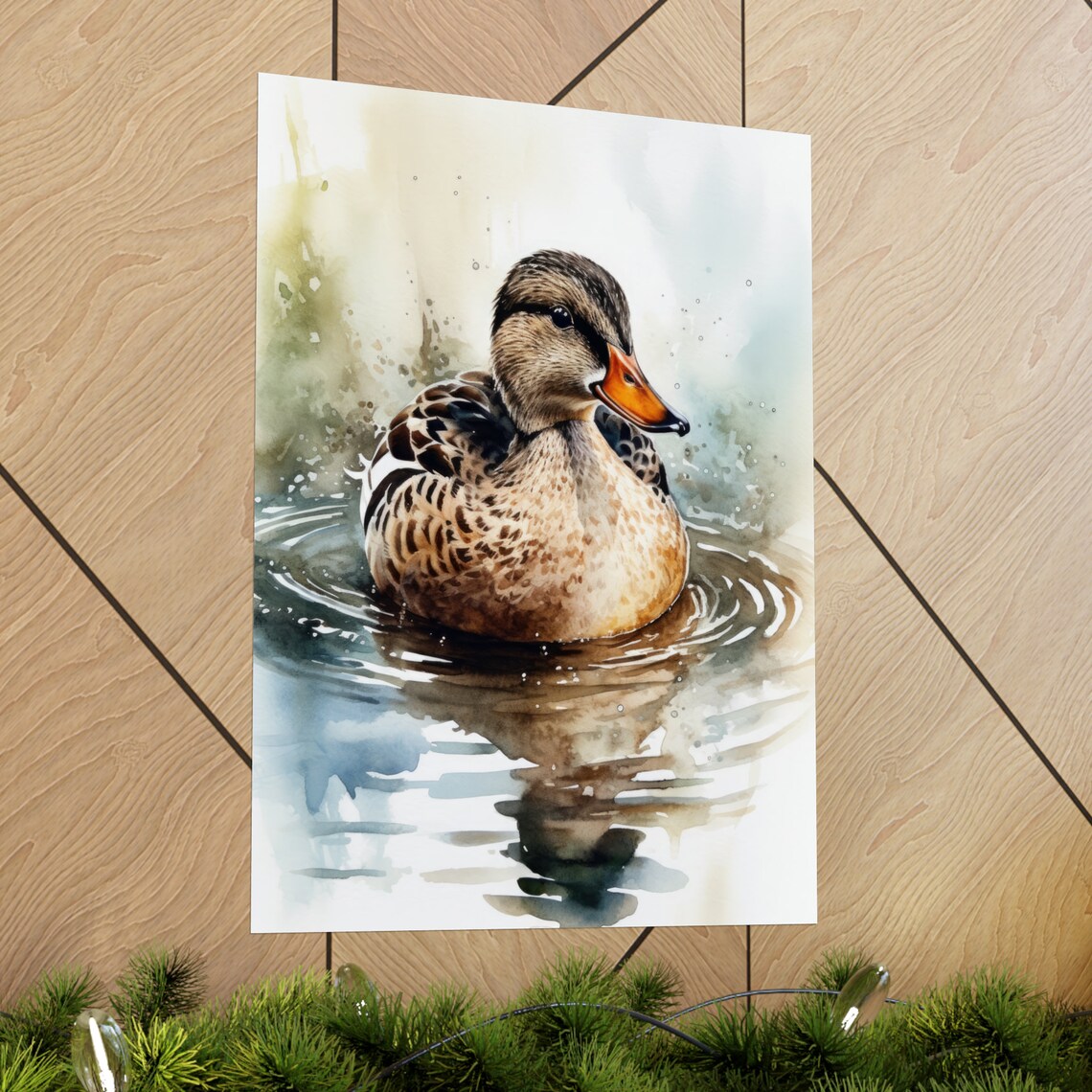 Female Mallard Duck Swimming Watercolor Pond Wildlife Fine Art Poster - Image 3