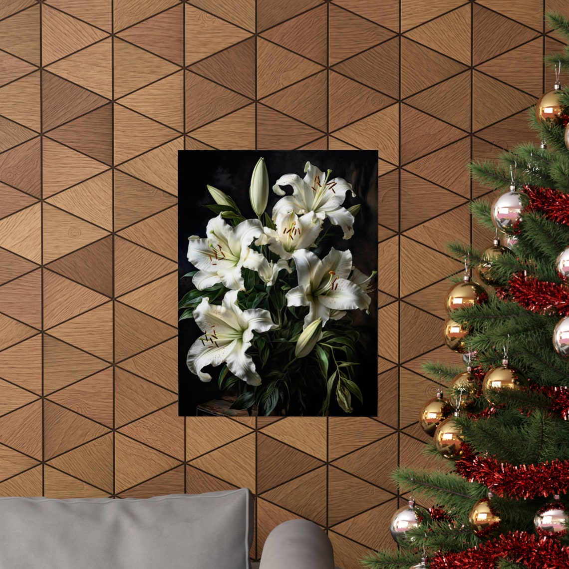 White Lily Blossoms Elegant Dark Botanical Floral Wall Art Print - Image 3
