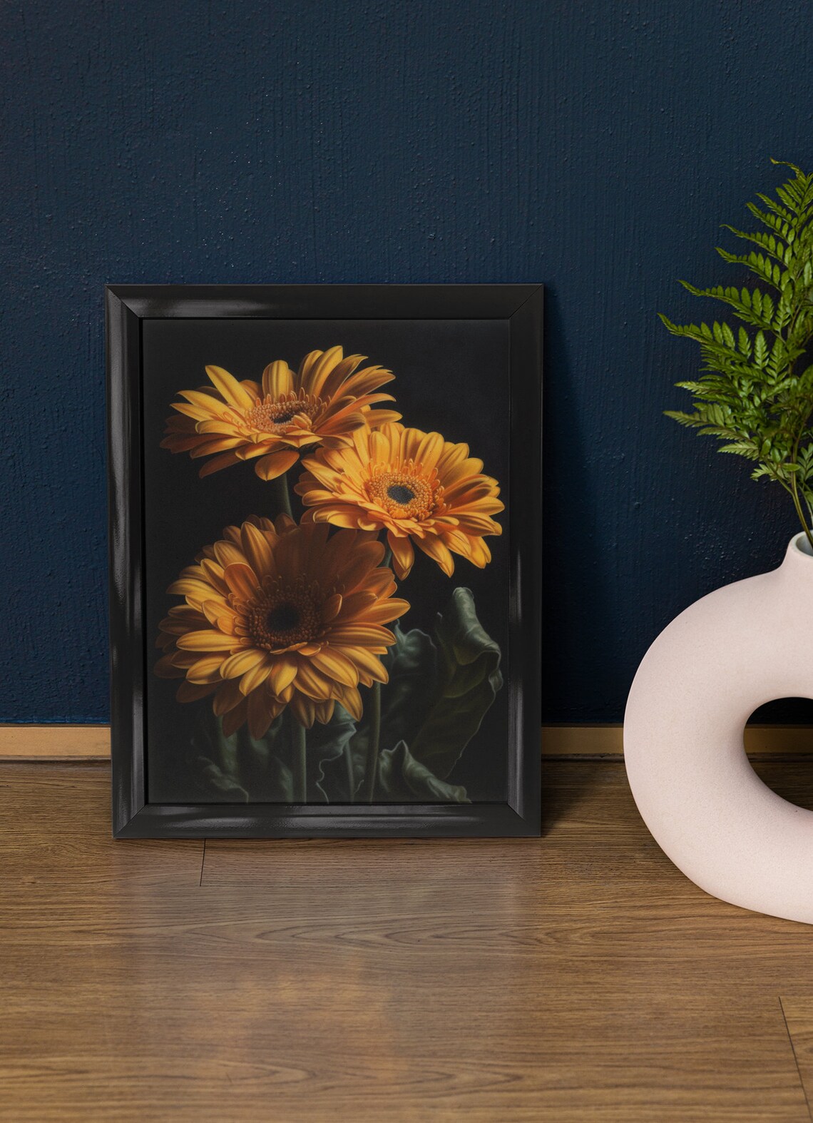 Golden Orange Gerbera Daisies Dark Moody Floral Oil Painting Wall Art