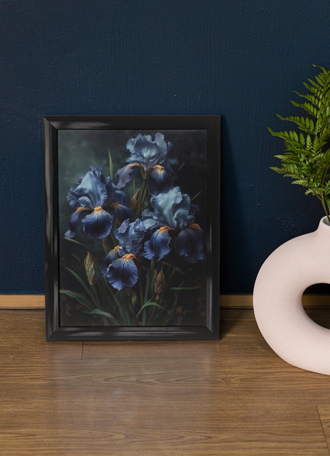 Midnight Blue Iris Blooms Dramatic Dark Botanical Wall Art Print