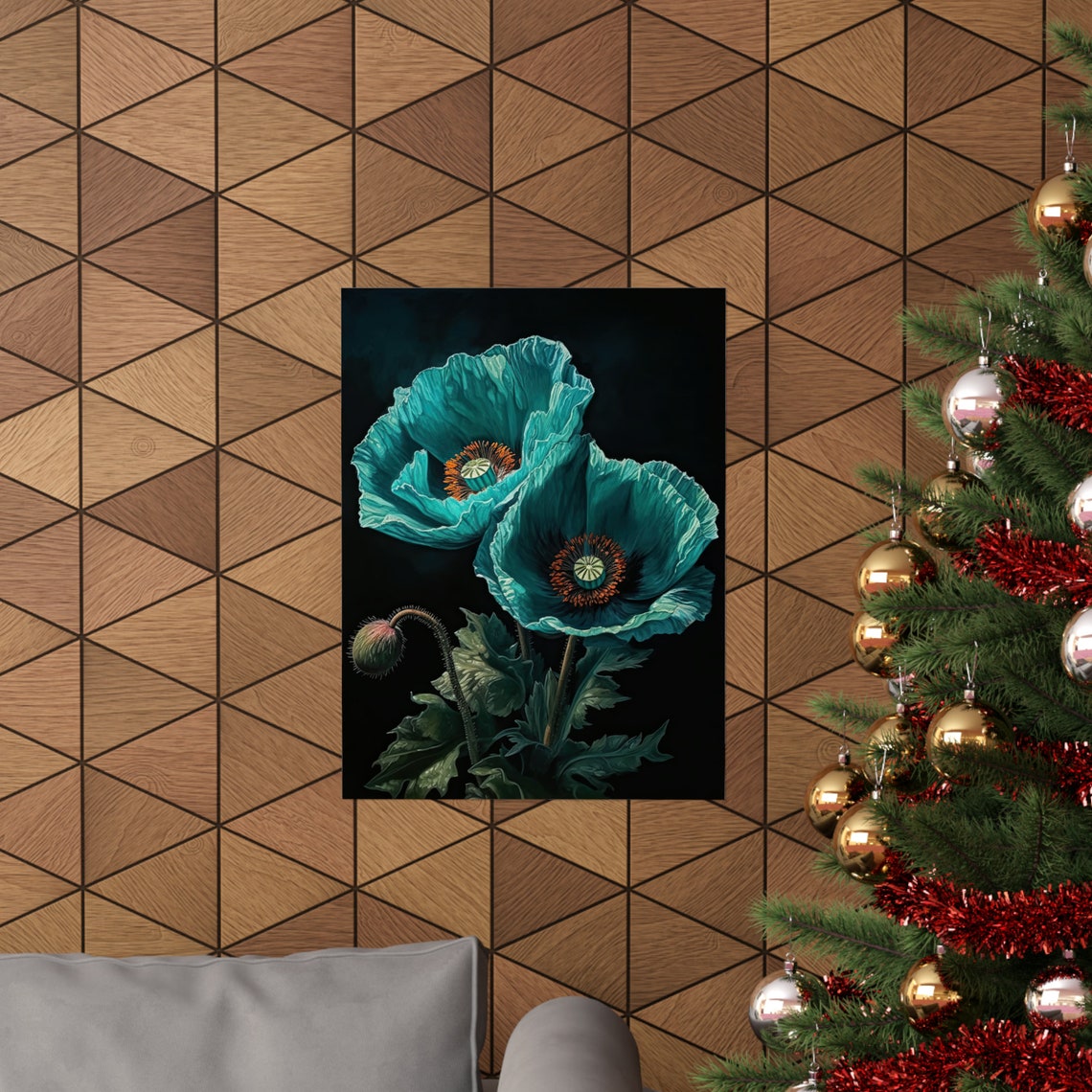 Turquoise Blue Poppy Blooms Dark Background Botanical Art Print - Image 3