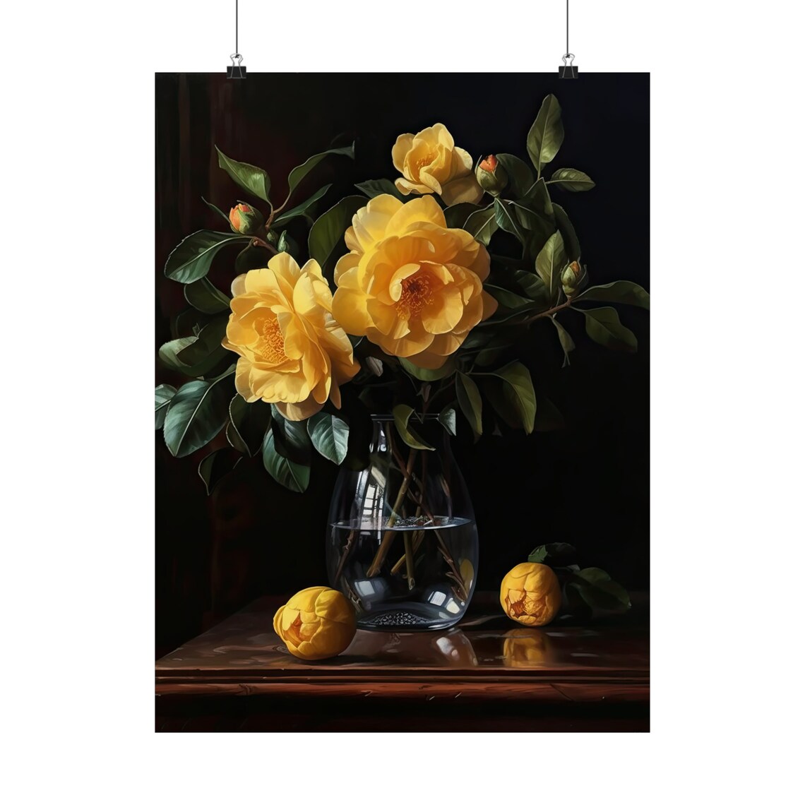 Yellow Camellia Blooms Dark Still Life Glass Vase Flower Art Print - Image 5