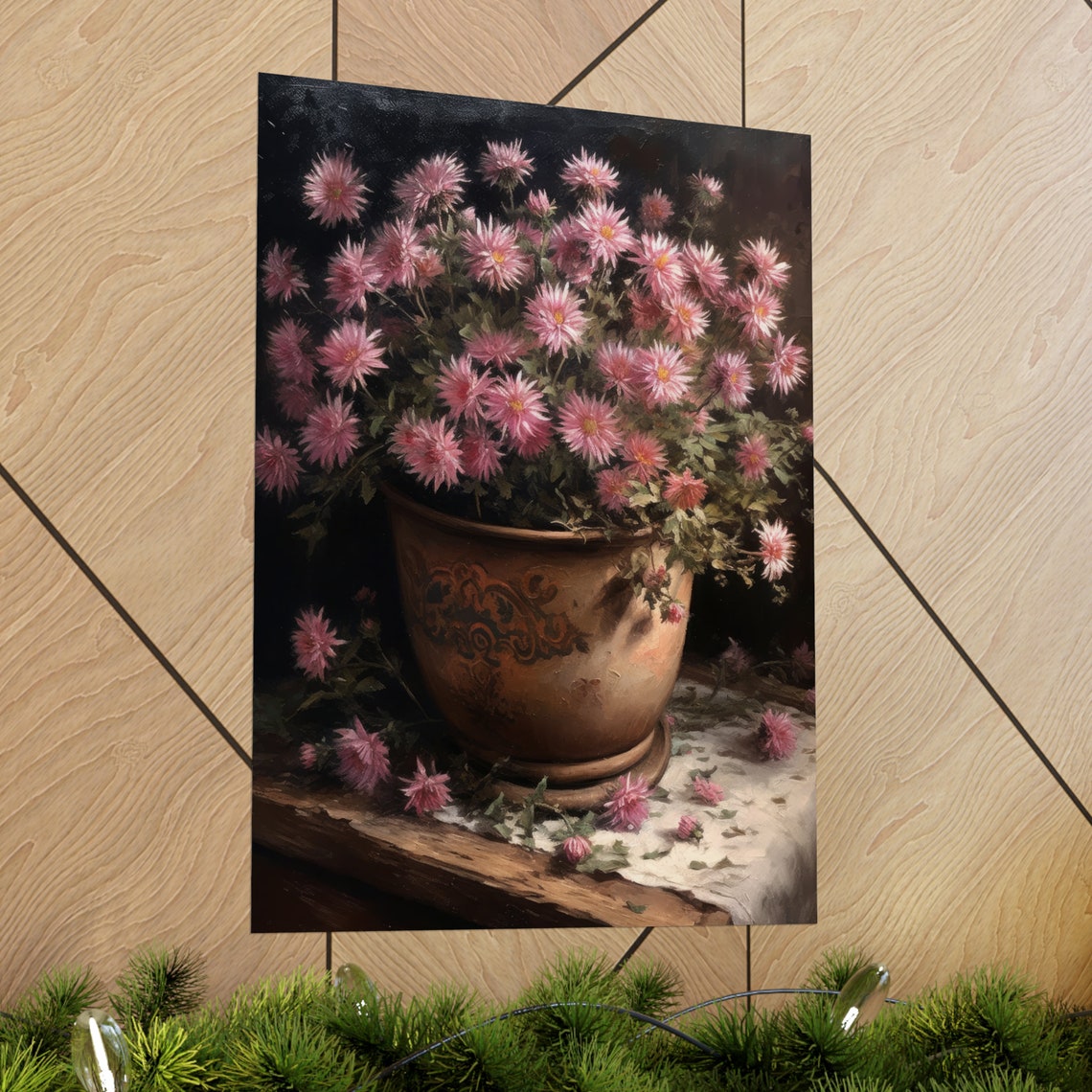 Pink Aster Flowers Vintage Copper Pot Still Life Botanical Art Print - Image 2
