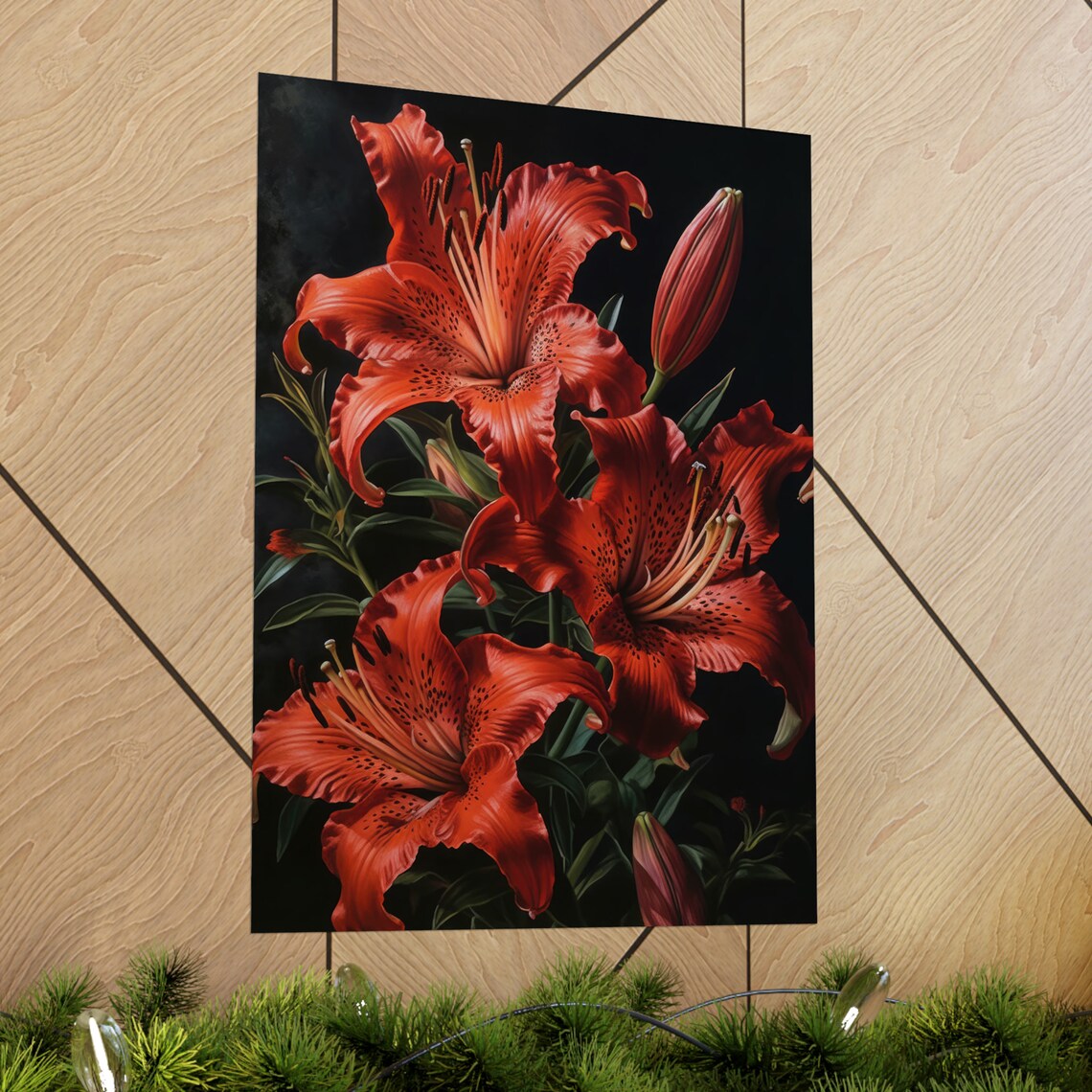 Red Tiger Lilies Spotted Petals Dark Moody Floral Oil Painting Art - Image 2