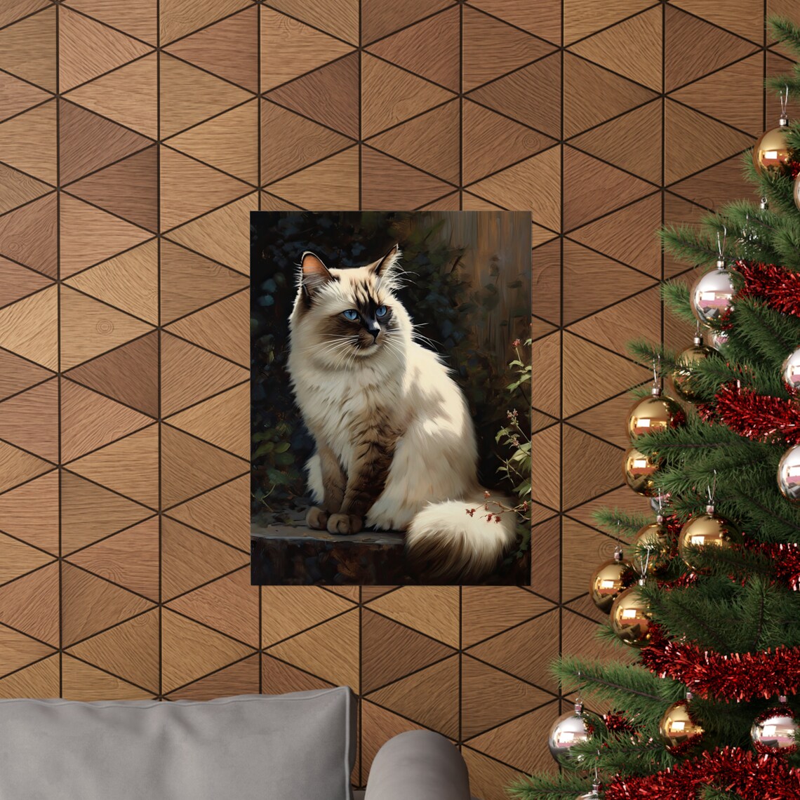 Birman Cat Blue Eyes Sunlit Garden Longhair Feline Art Poster - Image 3