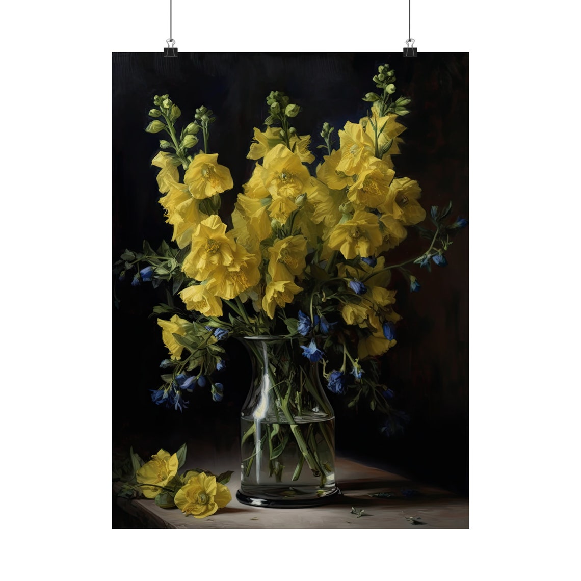 Yellow Delphinium Tall Spikes Glass Vase Dark Still Life Poster - Image 5
