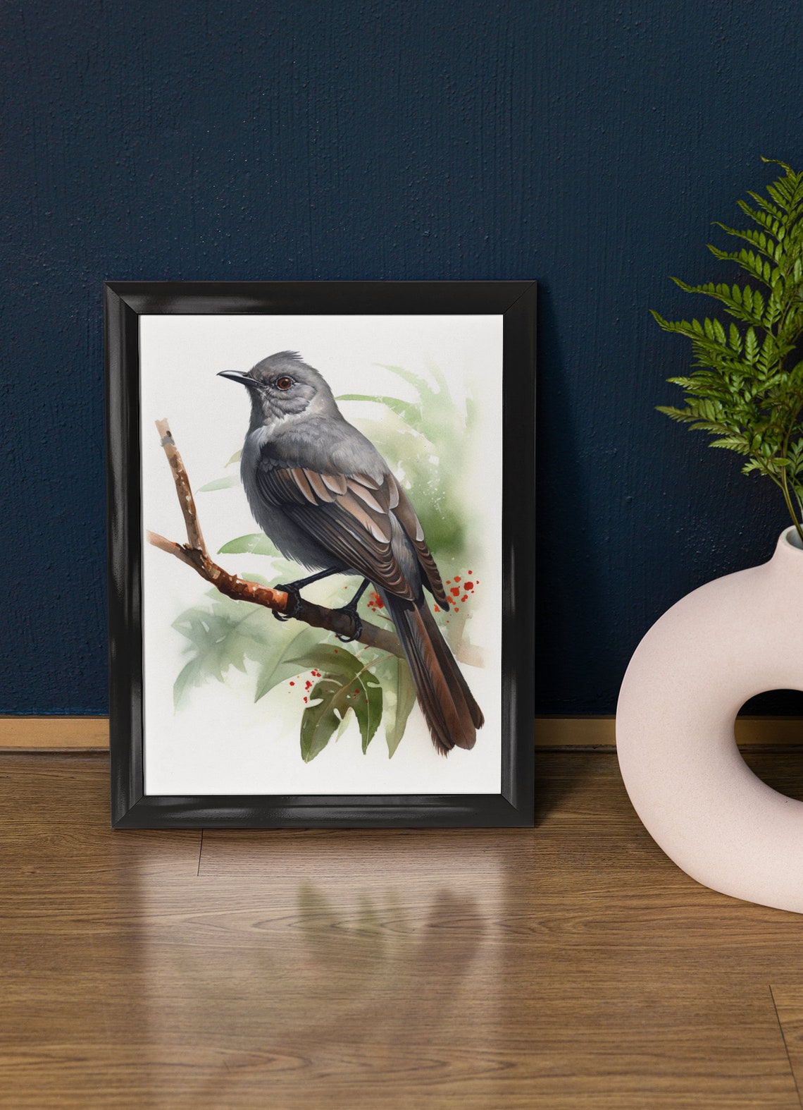 Gray Catbird Perched Branch Watercolor Songbird Portrait Poster
