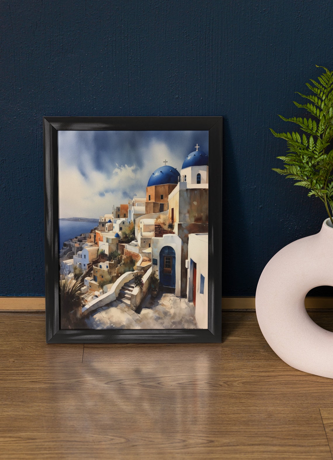 Santorini Greece Oia Blue Domes Caldera View Watercolor Travel Poster