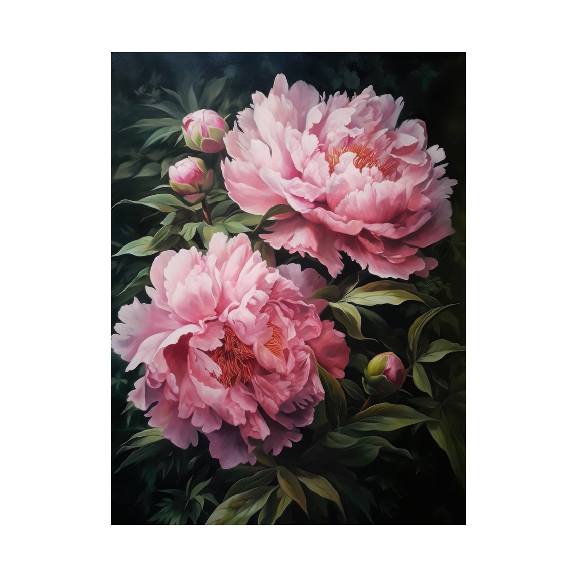 Pink Peony Blossom Blush Blooms and Buds Dark Botanical Art Poster - Image 4