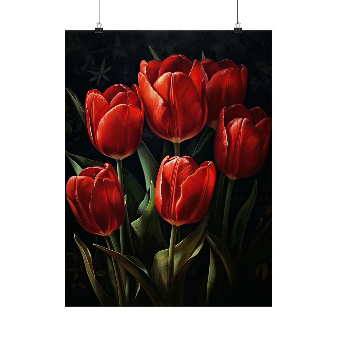 Five Red Tulips Dark Moody Oil Painting Dramatic Floral Wall Art - Image 5