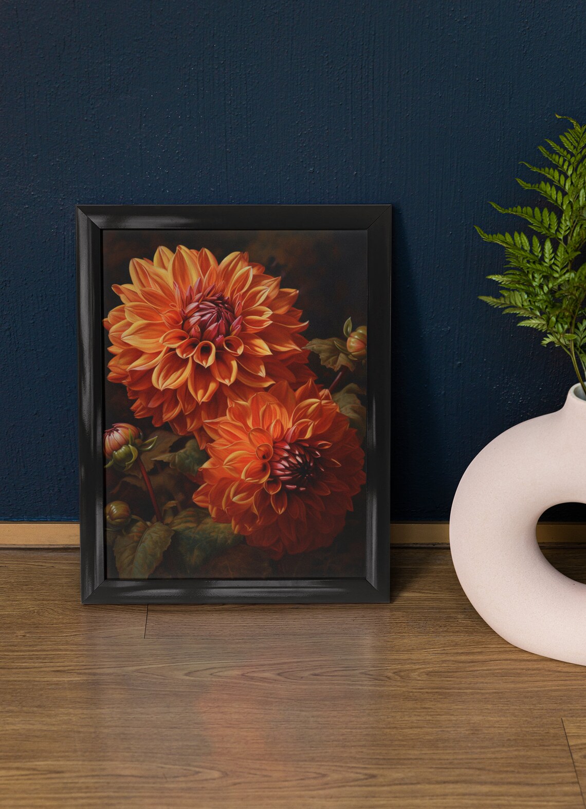 Burnt Orange Dahlia Blooms Bold Dark Floral Botanical Art Print