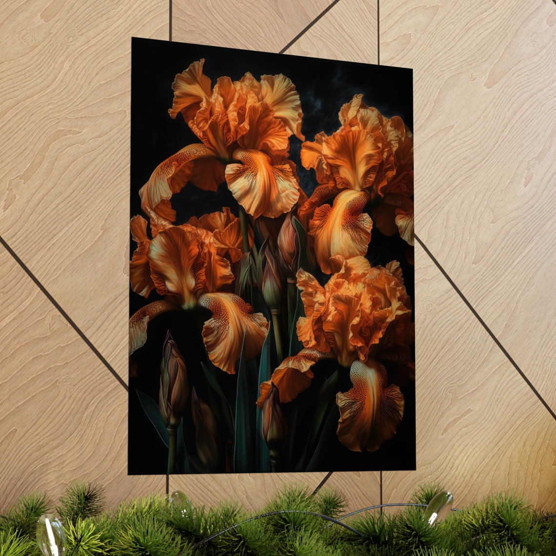 Burnt Orange Iris Blooms Dramatic Dark Botanical Wall Art Print - Image 2