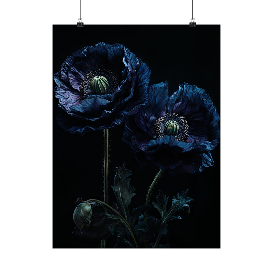 Blue Poppy Flowers Midnight Dark Botanical Oil Painting Art Print - Image 5