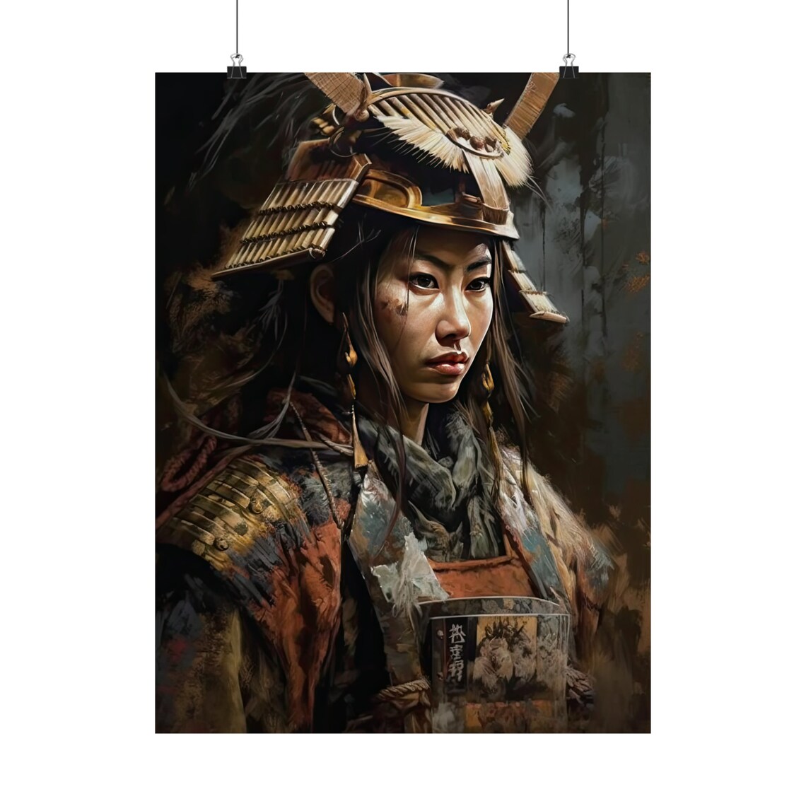 Female Samurai Warrior in Ornate Kabuto Helmet Oil Painting Art Print - Image 5
