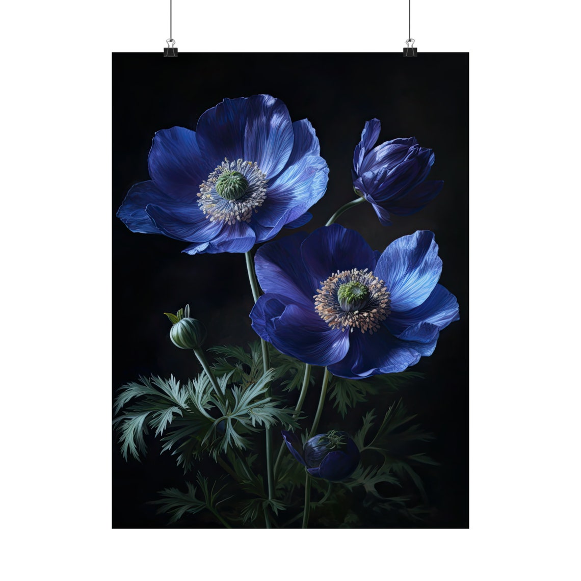 Deep Blue Anemone Blooms Dark Moody Botanical Floral Art Wall Poster - Image 5