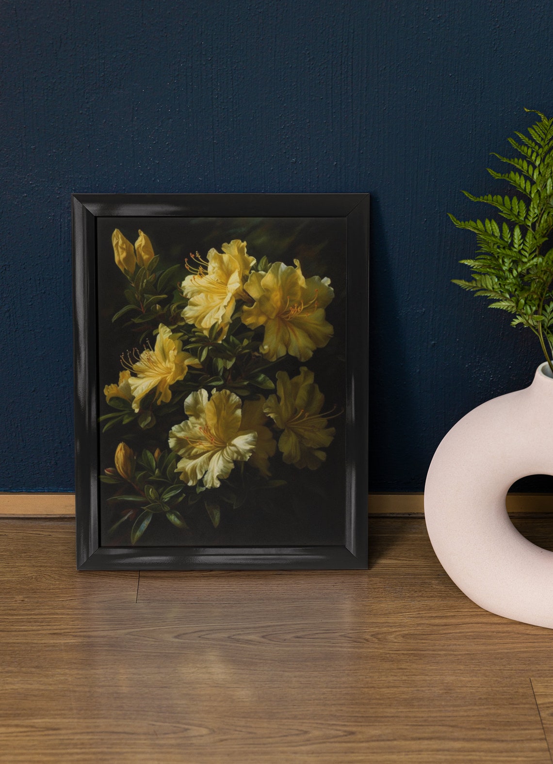 Pale Yellow Azalea Delicate Petals Dark Shrub Floral Wall Art Poster