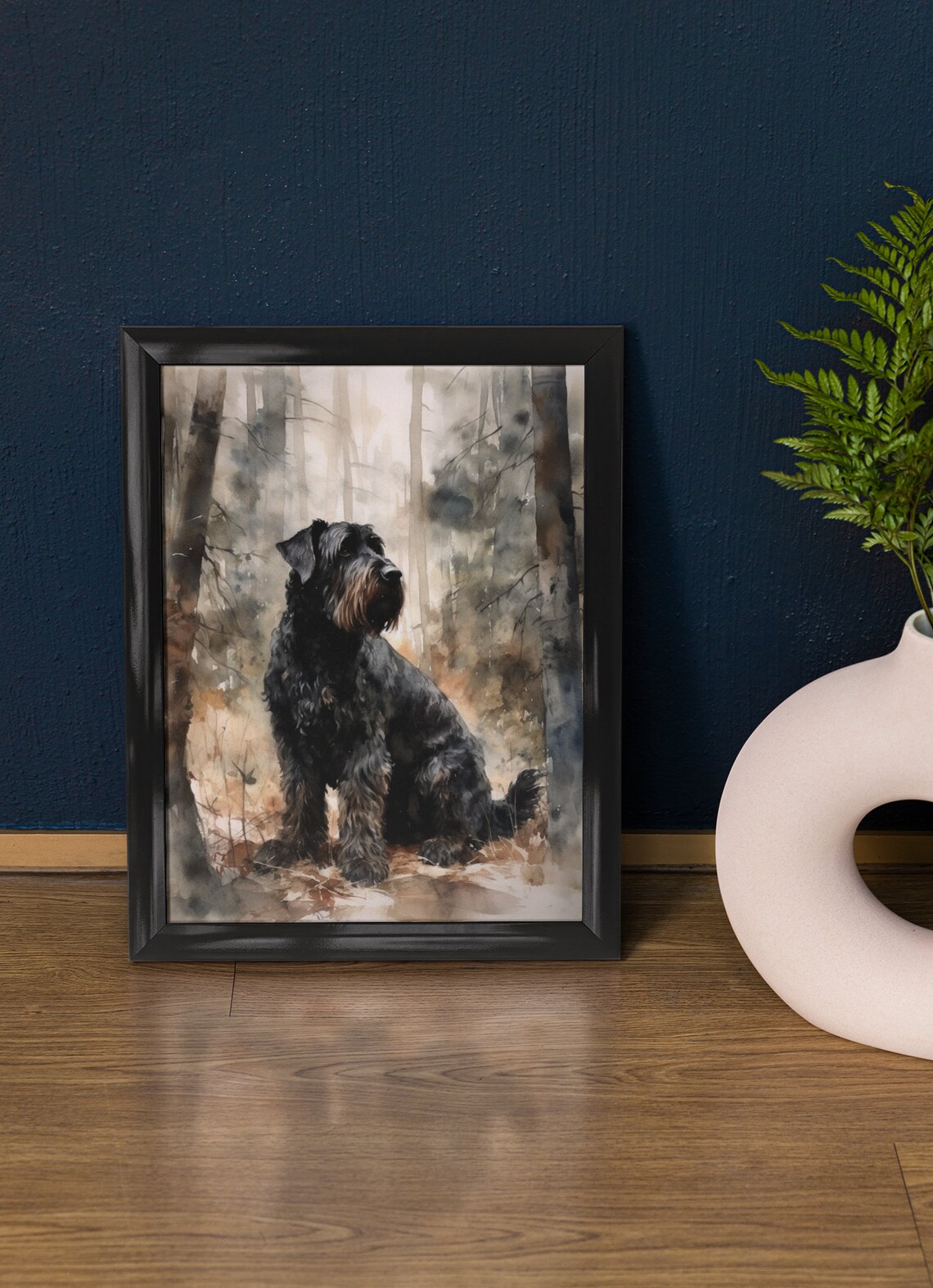 Black Russian Terrier Sitting Watercolor Portrait Breed Dog Poster