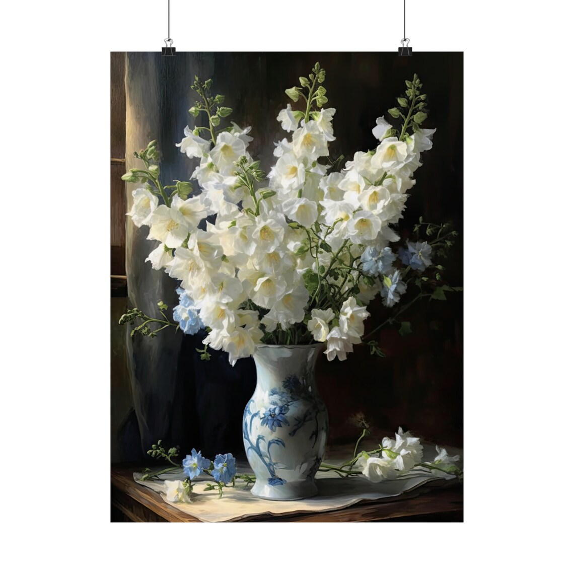 White Delphinium Bouquet Porcelain Vase Dark Still Life Poster - Image 5