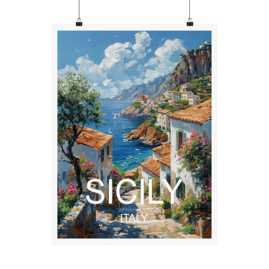 Sicily Italy Coastal Cliff Town Stone Lane Blue Sea View Travel Poster - Image 5
