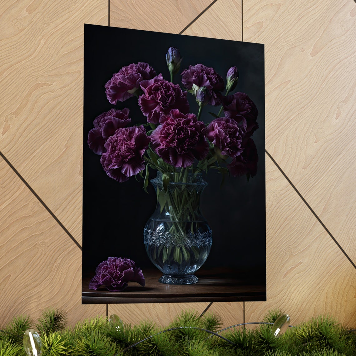 Purple Carnation Bouquet Crystal Vase Dark Moody Flower Art Poster - Image 2