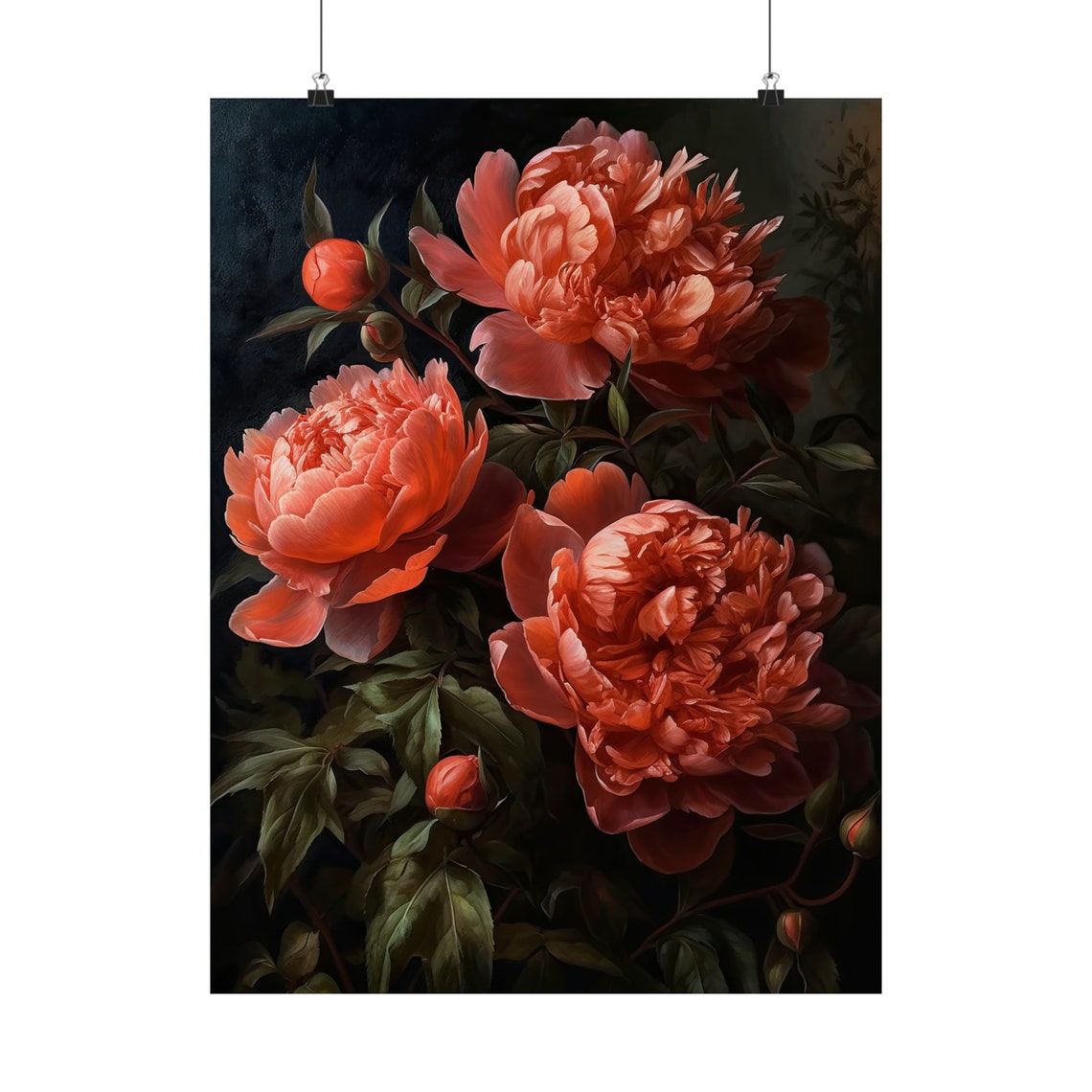 Coral Red Peony Blooms Lush Blossoms Dark Botanical Still Life Poster - Image 5