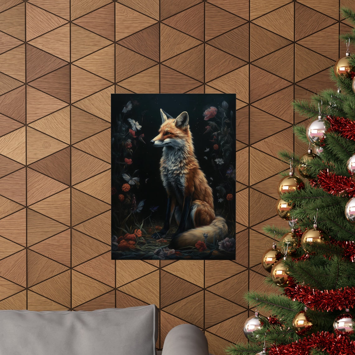 Red Fox Sitting In Profile With Butterflies In Dark Floral Art Poster - Image 3