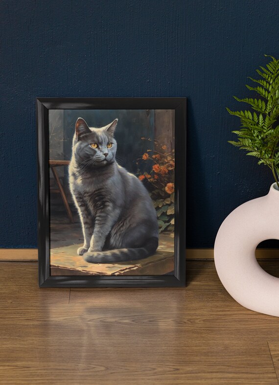 Chartreux Cat Blue Gray Coat With Amber Eyes Sitting On Ledge Art Print