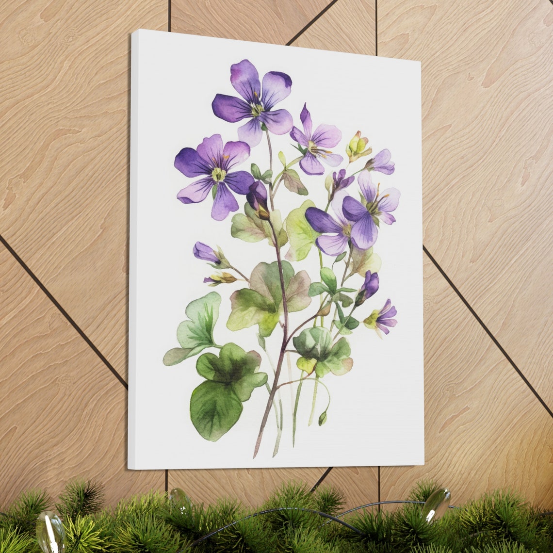 Purple Violet Flowers Watercolor Green Leaves Botanical Art Print - Image 3