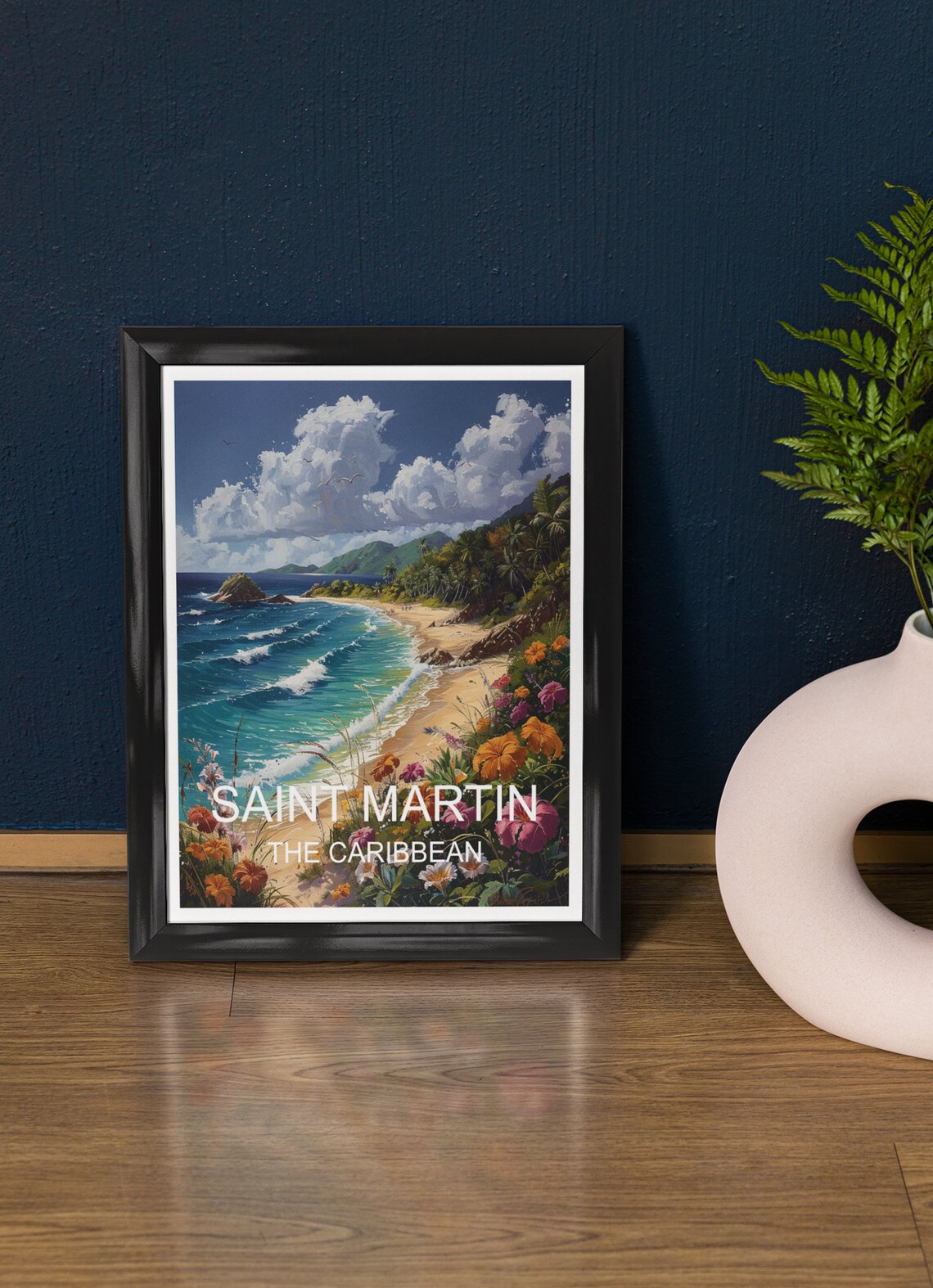 Saint Martin Caribbean Beach Tropical Flowers Ocean Travel Poster