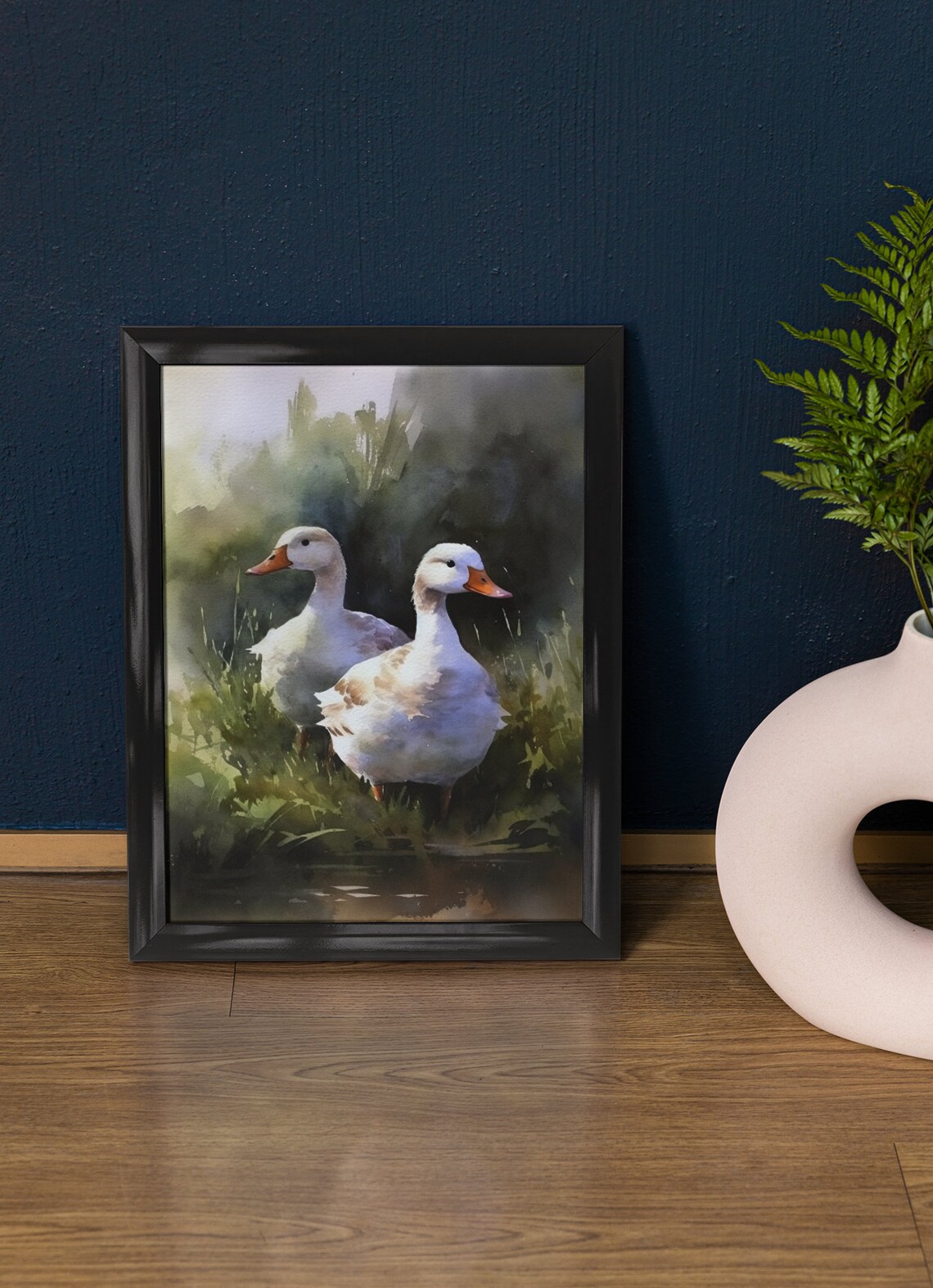 Two White Ducks Stream Bank Watercolor Peaceful Farm Art Wall Print