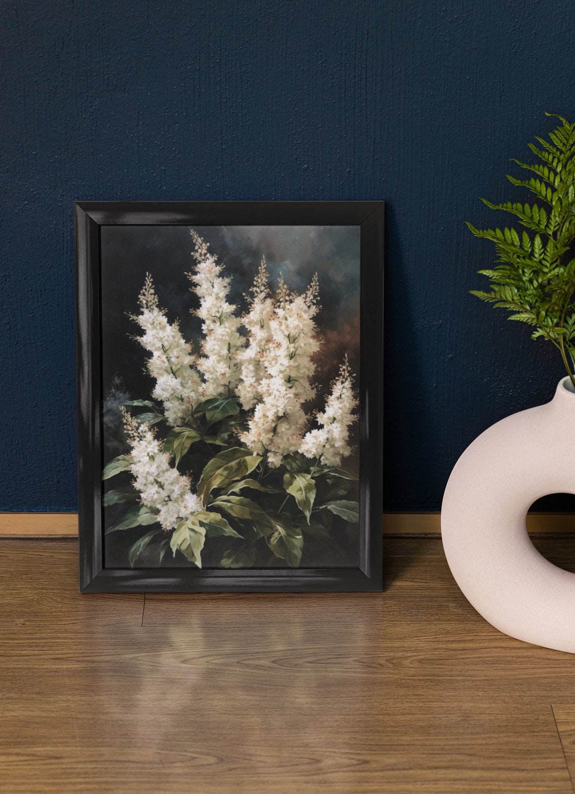 White Astilbe Tall Ivory Spires Moody Dark Botanical Floral Art Poster