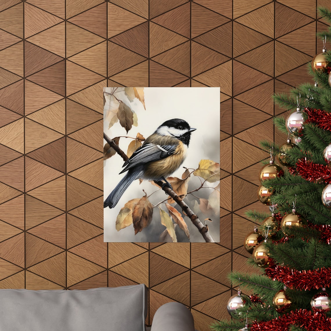 Chickadee Bird Branch Autumn Leaves Watercolor Wildlife Art Print - Image 3